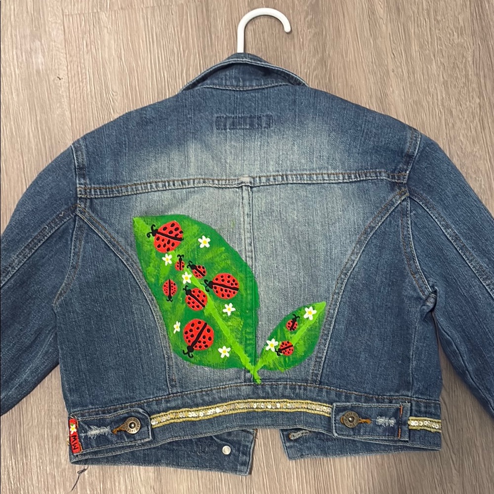 Denim Jacket with Ladybug Leaf Design